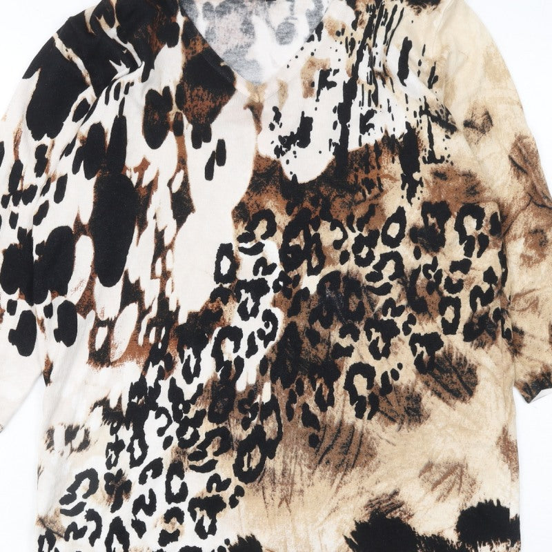 Casamia Womens Beige Animal Print V-Neck 3/4 Sleeve Pullover Jumper L