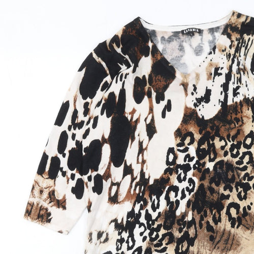 Casamia Womens Beige Animal Print V-Neck 3/4 Sleeve Pullover Jumper L
