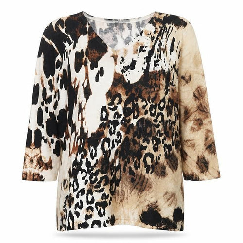Casamia Womens Beige Animal Print V-Neck 3/4 Sleeve Pullover Jumper L