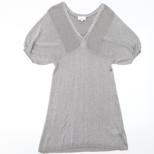New Look Women’s Grey Metallic Knit V-Neck Shift Dress Size 10