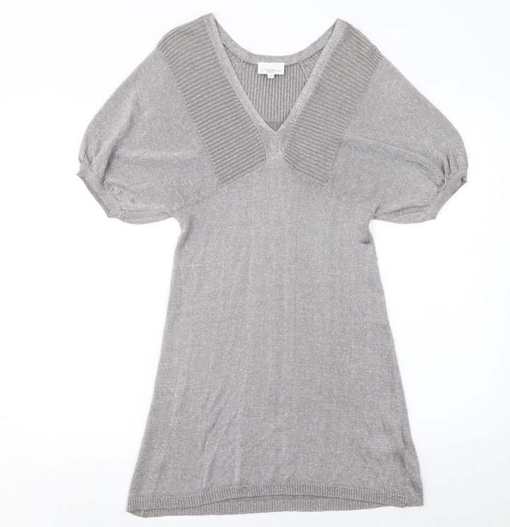 New Look Women’s Grey Metallic Knit V-Neck Shift Dress Size 10
