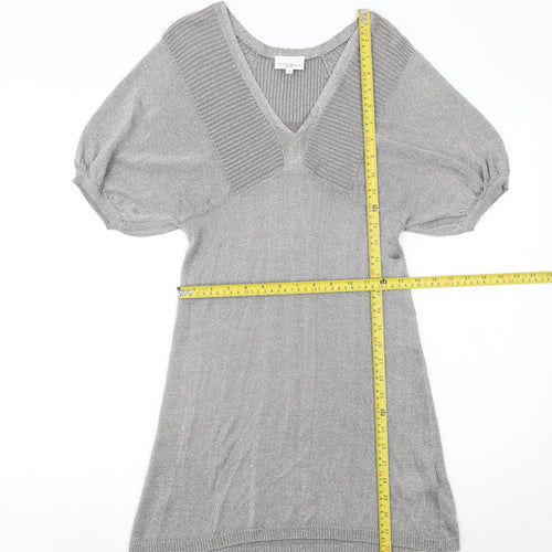 New Look Women’s Grey Metallic Knit V-Neck Shift Dress Size 10
