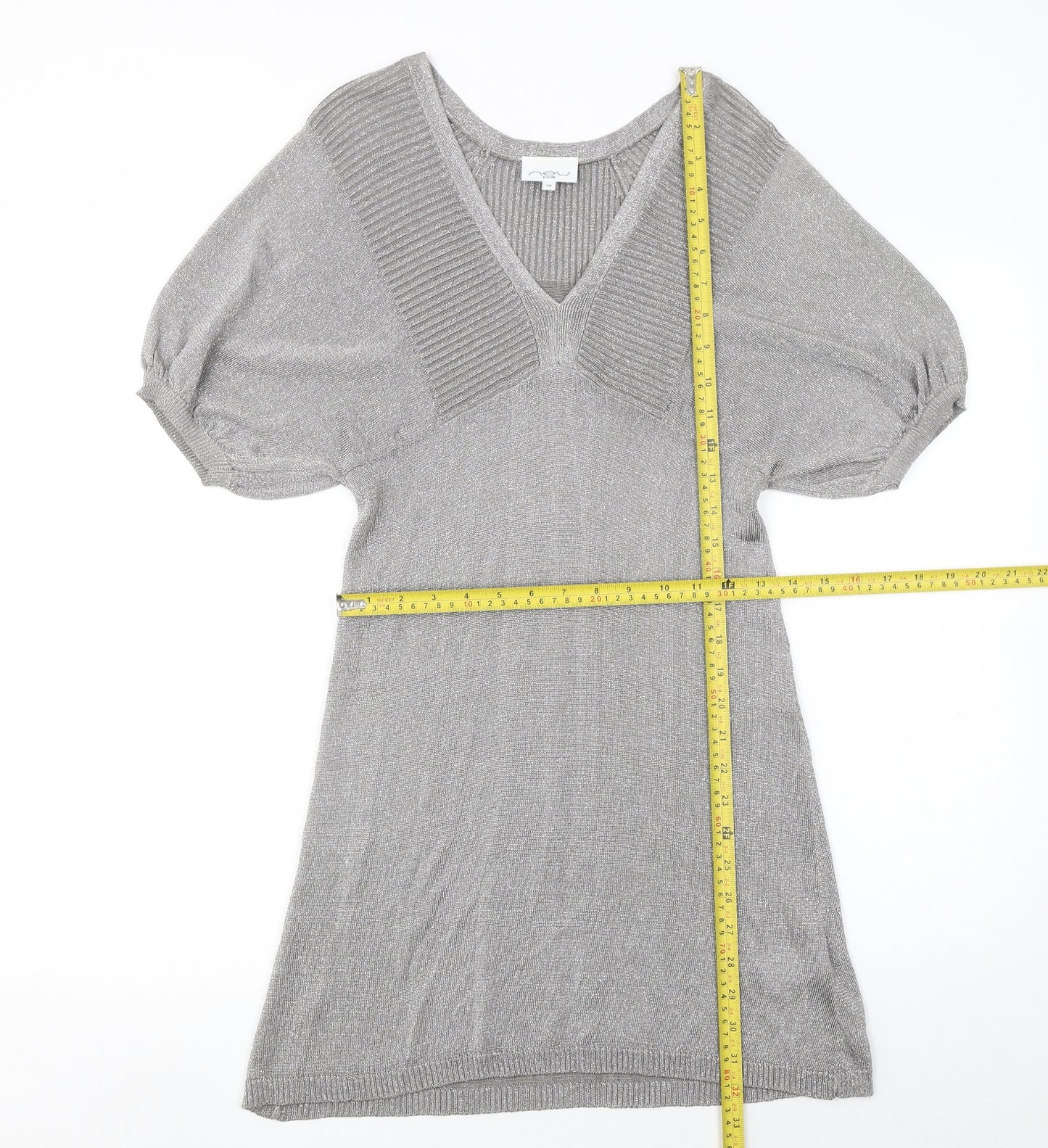 New Look Women’s Grey Metallic Knit V-Neck Shift Dress Size 10