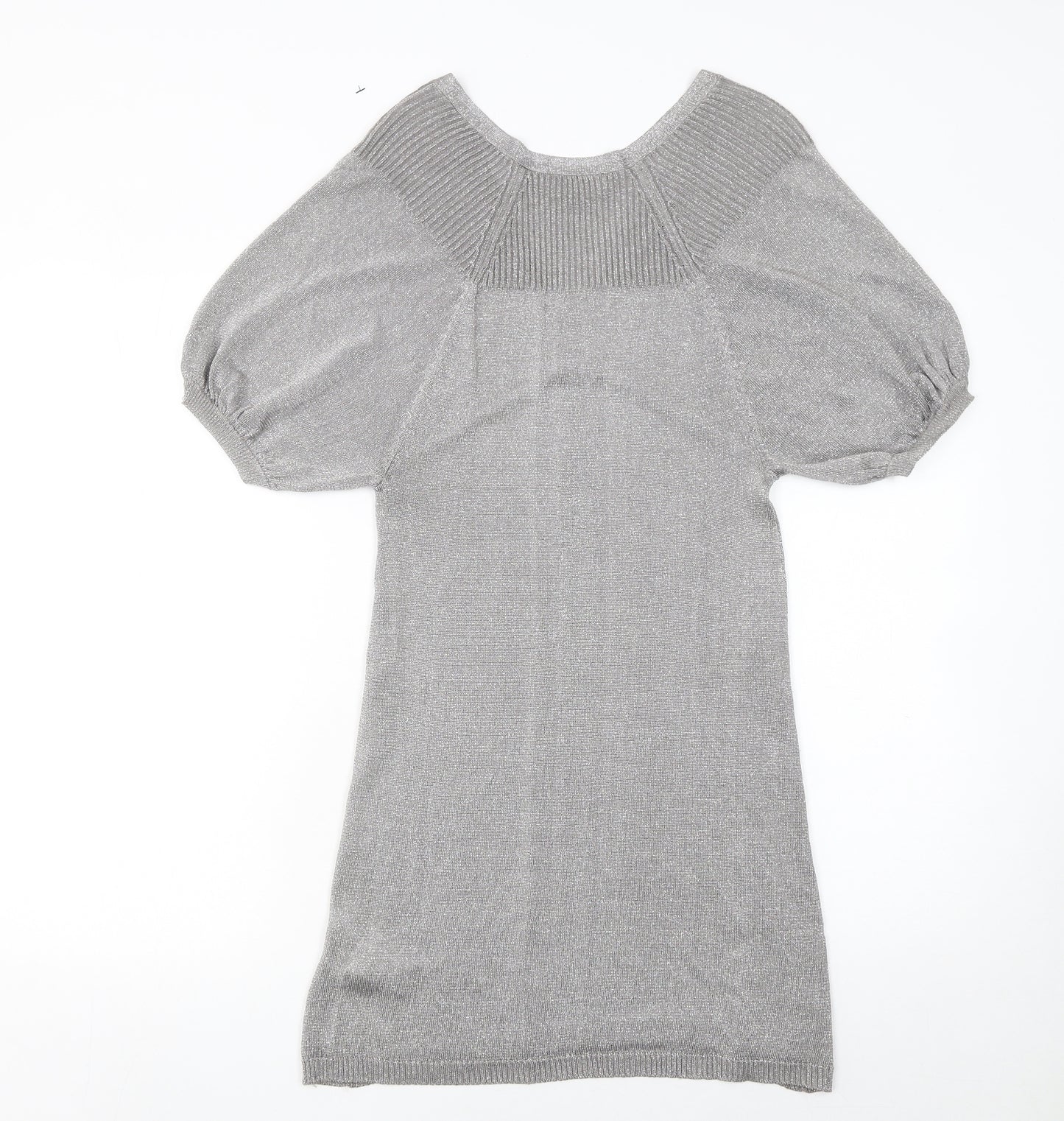New Look Women’s Grey Metallic Knit V-Neck Shift Dress Size 10