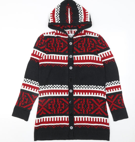 Mode Mix Women's Black Red Fair Isle Hooded Cardigan Size 10