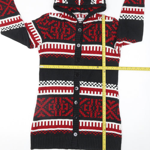 Mode Mix Women's Black Red Fair Isle Hooded Cardigan Size 10