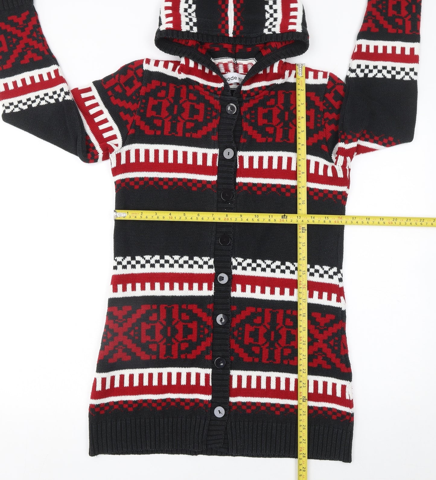 Mode Mix Women's Black Red Fair Isle Hooded Cardigan Size 10