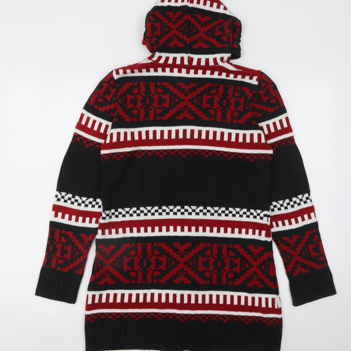 Mode Mix Women's Black Red Fair Isle Hooded Cardigan Size 10