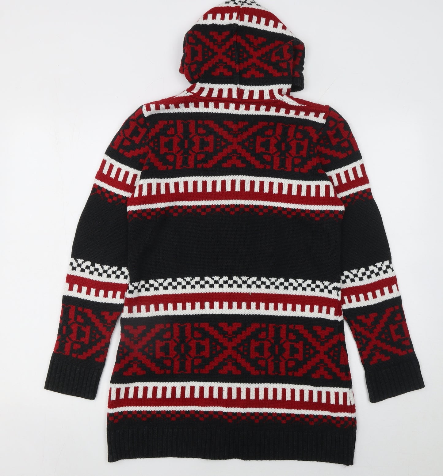 Mode Mix Women's Black Red Fair Isle Hooded Cardigan Size 10