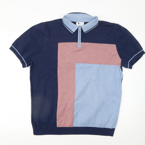 Matalan Men's Blue Colourblock Zip Neck Polo Shirt Size L