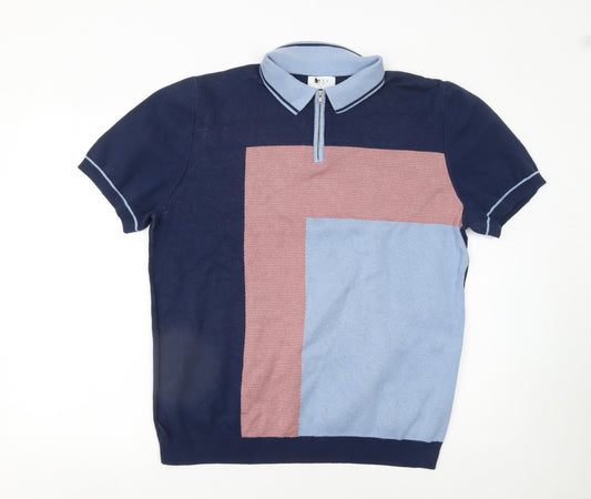Matalan Men's Blue Colourblock Zip Neck Polo Shirt Size L