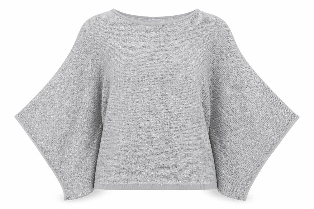 Front view of Alice Collins Women Silver Sequin Knit Cape Jumper, size 10