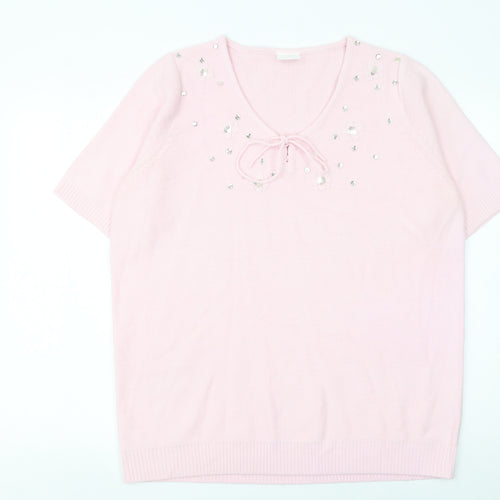 Being Casual Women's Pink Short Sleeve V-Neck Sequin Jumper Size 16