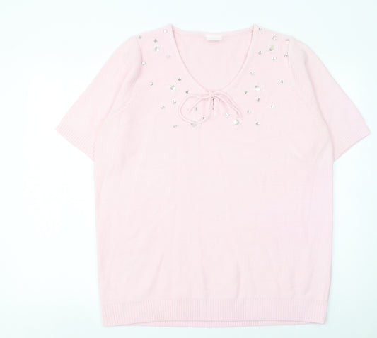 Being Casual Women's Pink Short Sleeve V-Neck Sequin Jumper Size 16