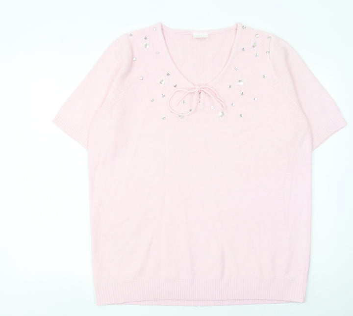 Being Casual Women's Pink Short Sleeve V-Neck Sequin Jumper Size 16