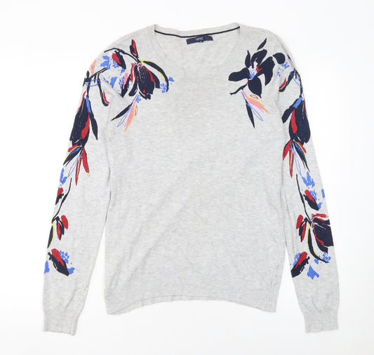 Next Women Grey Floral Crew Neck Cotton Pullover Jumper Size 14