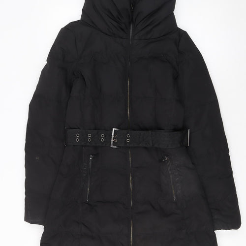 Zara Women Black Long Belted Puffer Down Jacket Size 10