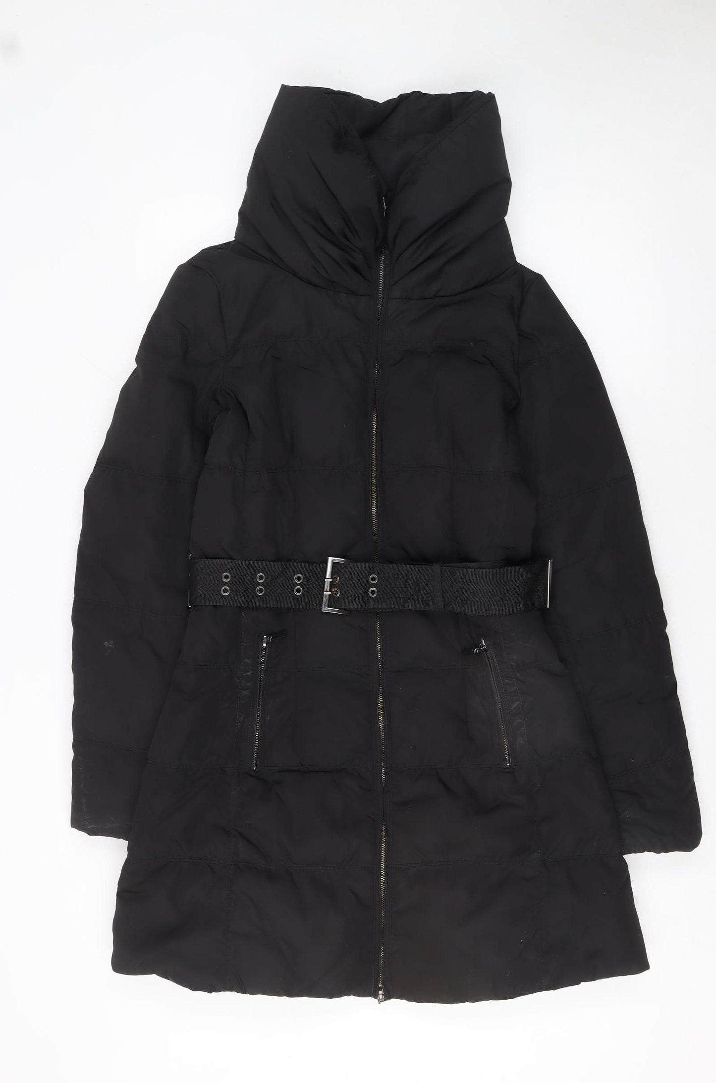 Zara Women Black Long Belted Puffer Down Jacket Size 10