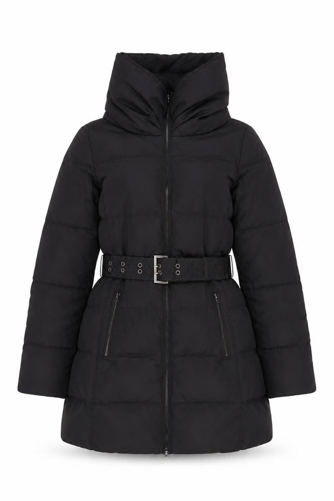 Front view of Zara Women Black Long Belted Puffer Down Jacket, size 10