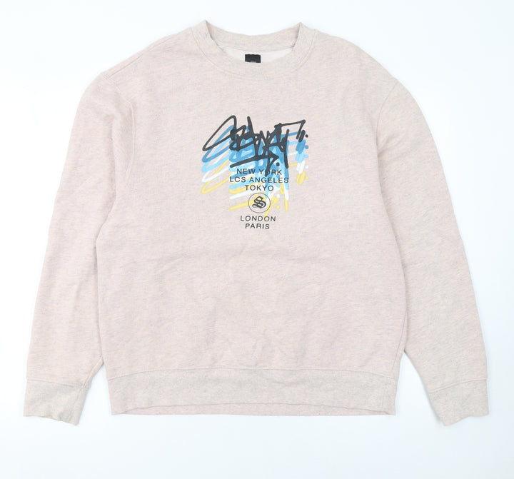 River Island Men's Beige Graphic Print Pullover Sweatshirt M
