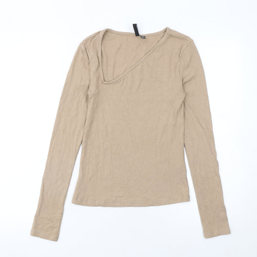 Pieces Womens Beige Long Sleeve Slim Fit V-Neck Ribbed Top Size M