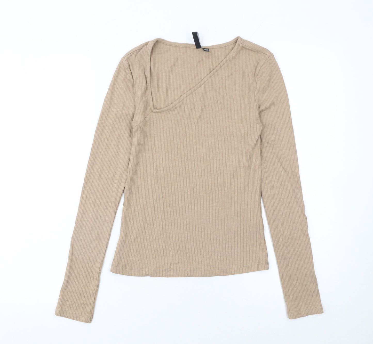 Pieces Womens Beige Long Sleeve Slim Fit V-Neck Ribbed Top Size M