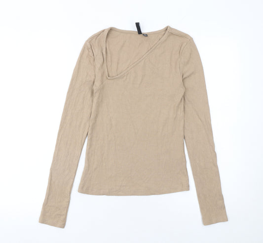 Pieces Womens Beige Long Sleeve Slim Fit V-Neck Ribbed Top Size M