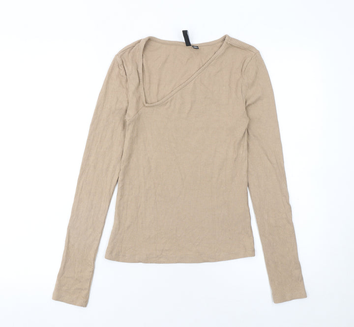 Pieces Womens Beige Long Sleeve Slim Fit V-Neck Ribbed Top Size M