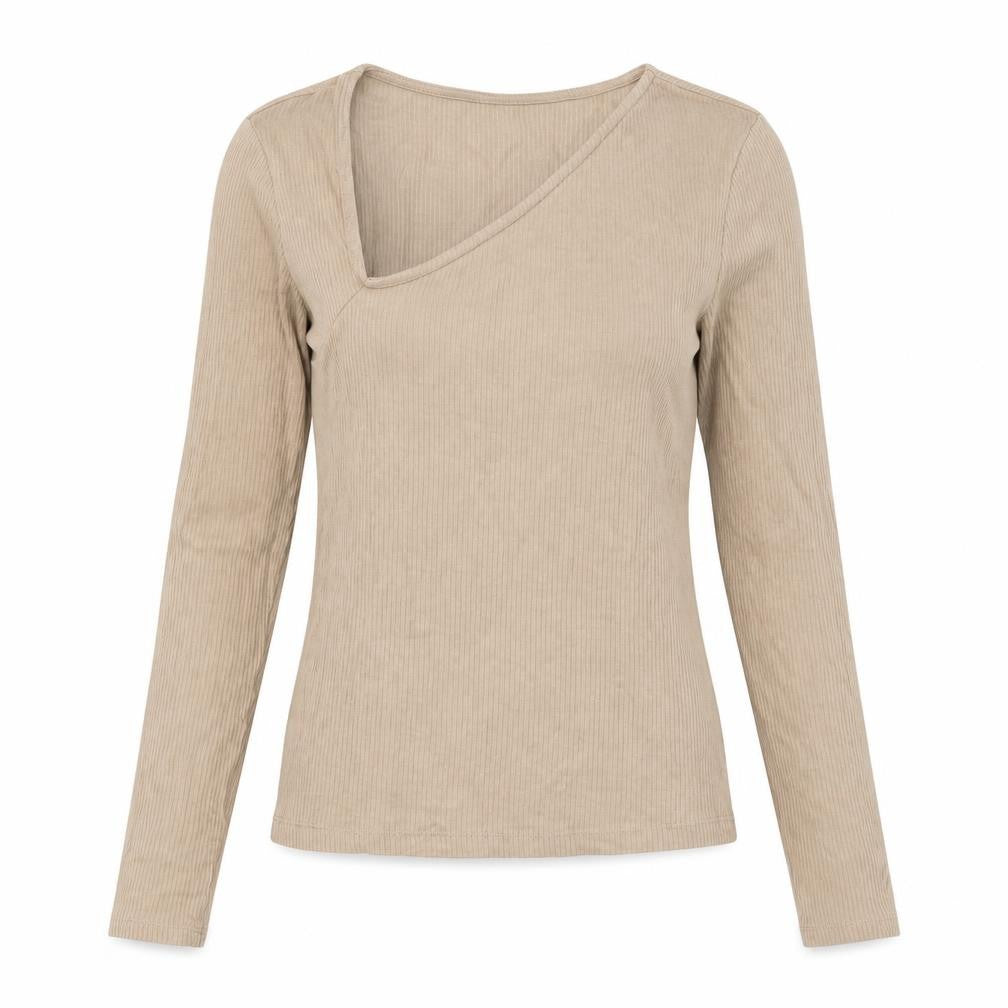 Pieces Womens Beige Long Sleeve Slim Fit V-Neck Ribbed Top Size M