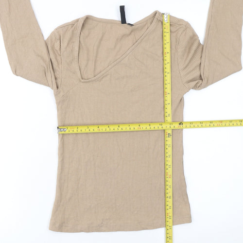 Pieces Womens Beige Long Sleeve Slim Fit V-Neck Ribbed Top Size M