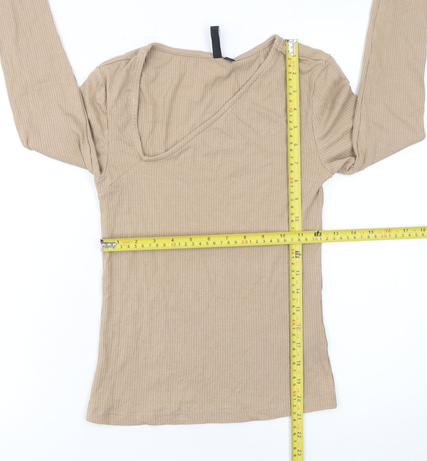 Pieces Womens Beige Long Sleeve Slim Fit V-Neck Ribbed Top Size M