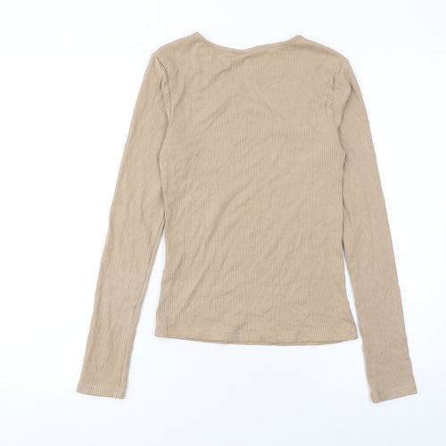 Pieces Womens Beige Long Sleeve Slim Fit V-Neck Ribbed Top Size M