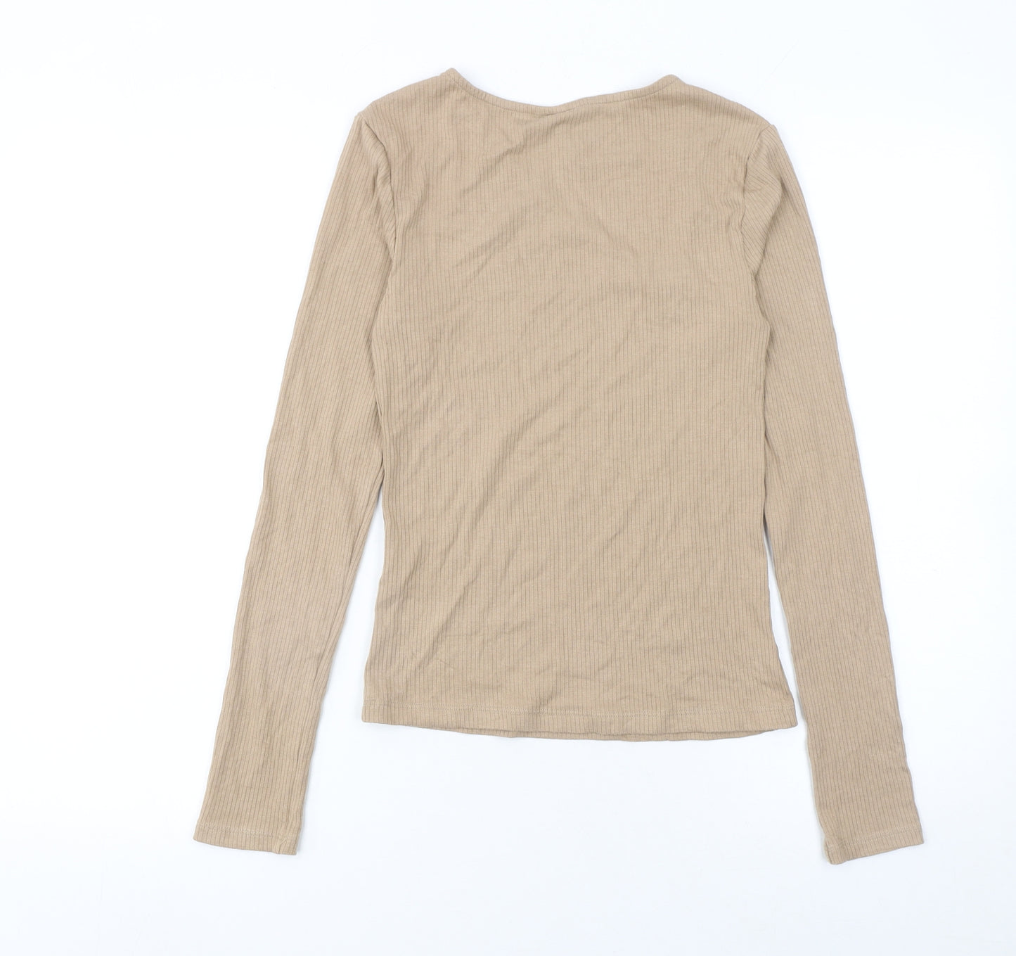 Pieces Womens Beige Long Sleeve Slim Fit V-Neck Ribbed Top Size M