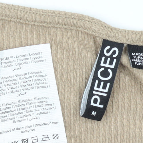 Pieces Womens Beige Long Sleeve Slim Fit V-Neck Ribbed Top Size M