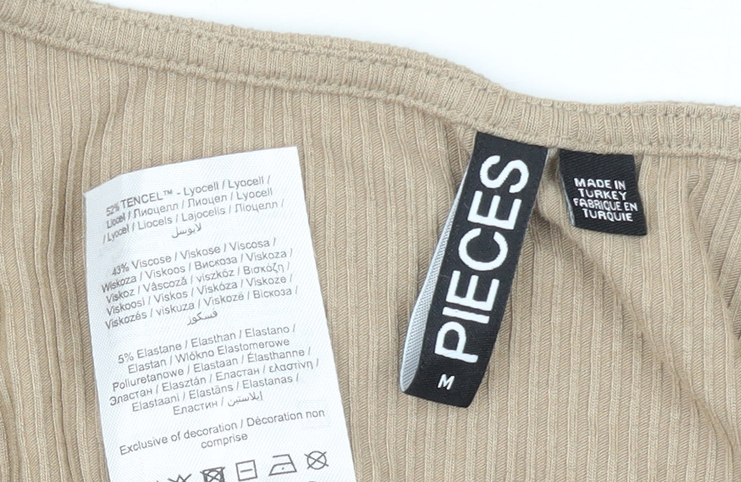 Pieces Womens Beige Long Sleeve Slim Fit V-Neck Ribbed Top Size M
