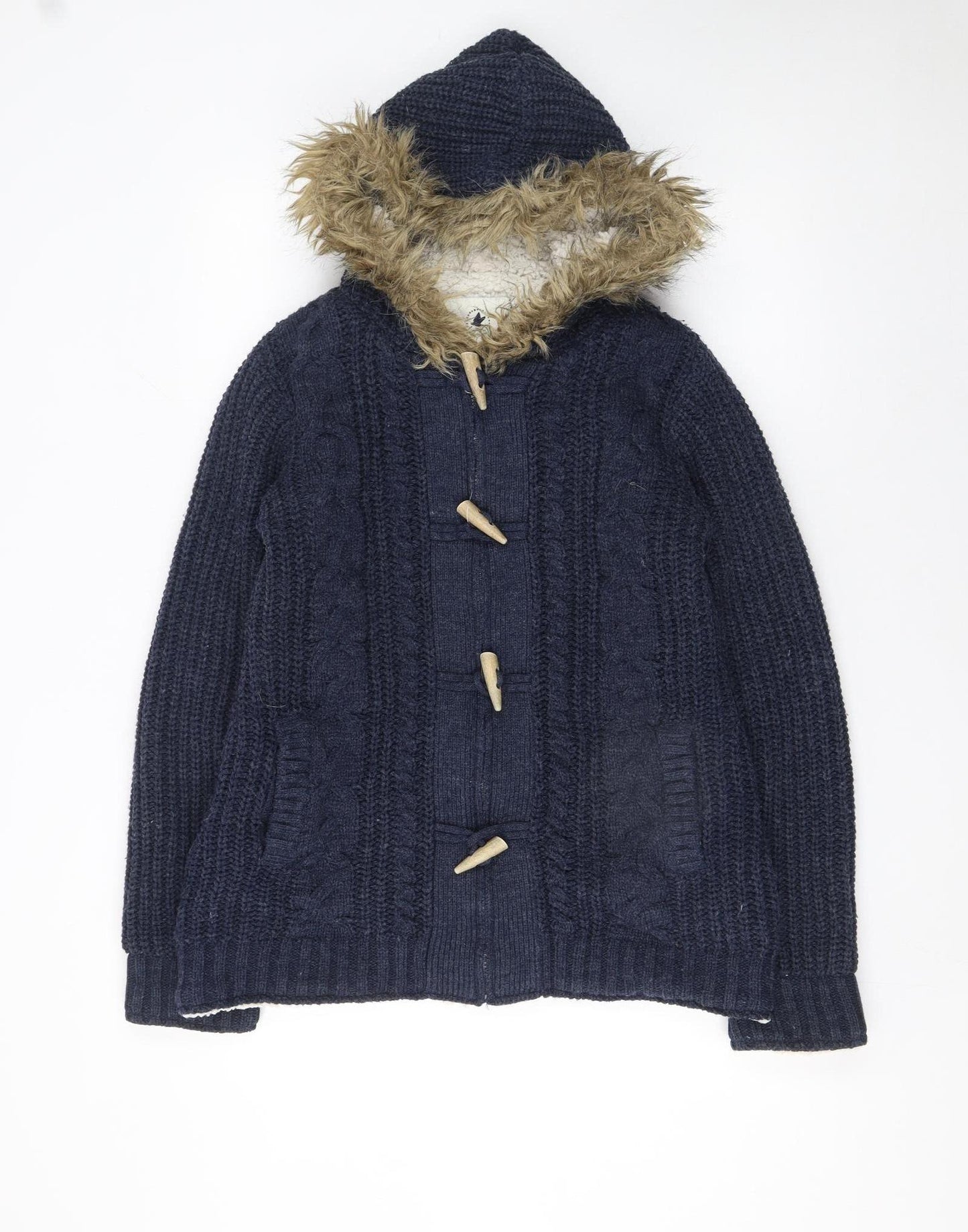 SoulCal & Co Women's Navy Fur Trim Hooded Cardigan Size 12
