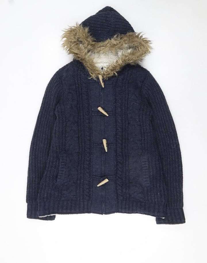 SoulCal & Co Women's Navy Fur Trim Hooded Cardigan Size 12