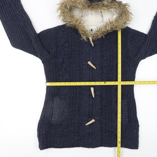 SoulCal & Co Women's Navy Fur Trim Hooded Cardigan Size 12