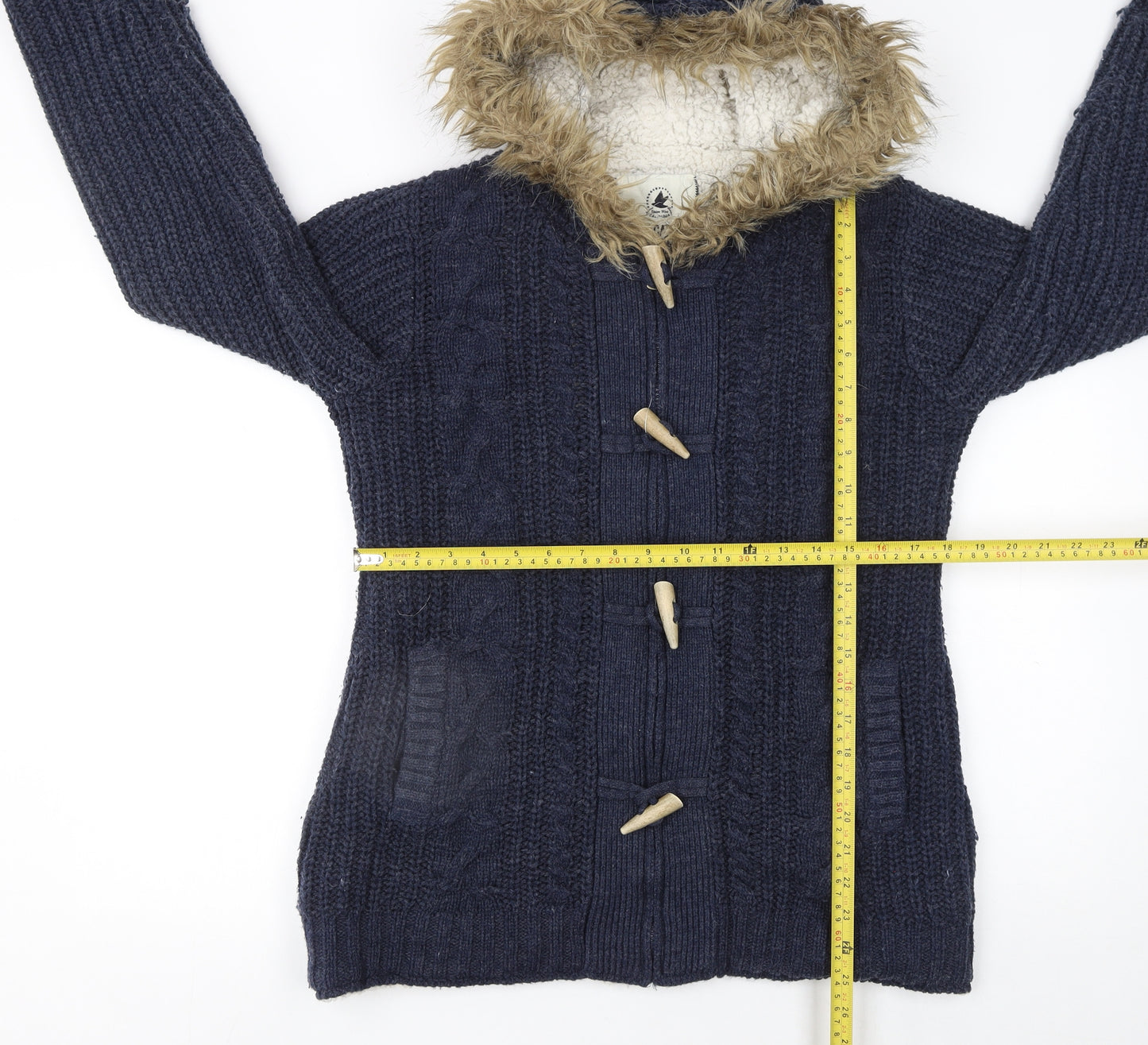 SoulCal & Co Women's Navy Fur Trim Hooded Cardigan Size 12