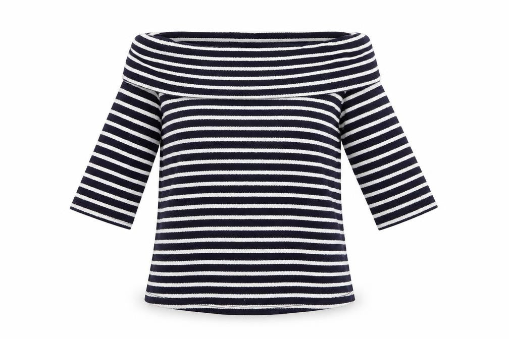 Front view of Next women’s blue striped off shoulder cotton top, size UK 6