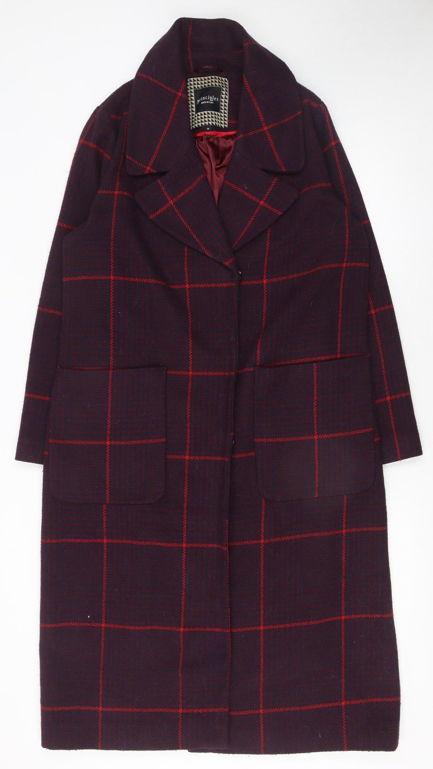 Principles by Ben de Lisi Women's Purple Check Wool Blend Overcoat Size 14