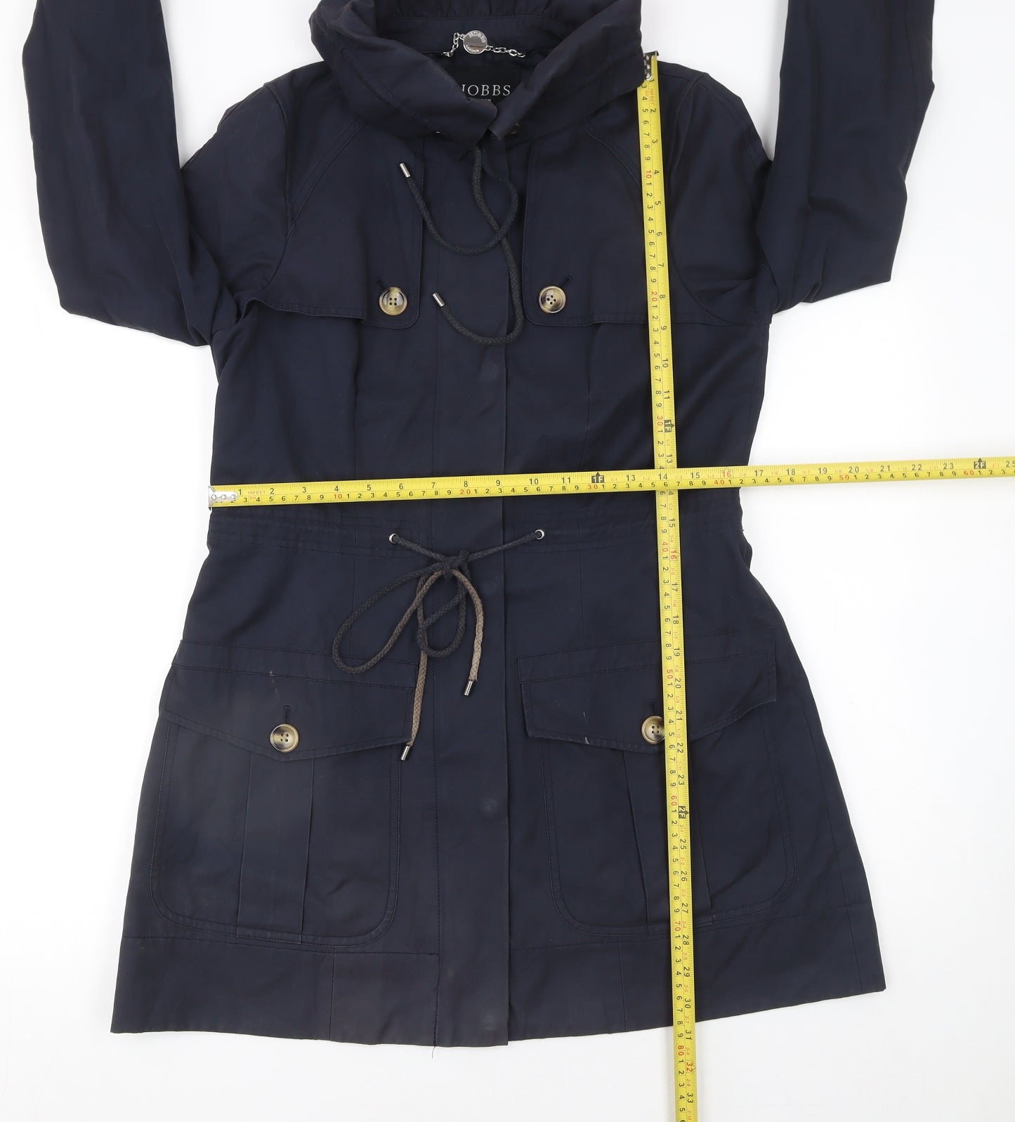 Hobbs London Navy Hooded Parka Jacket Women's Size 8 Drawstring Waist
