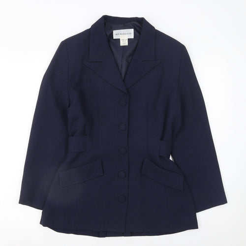 Warehouse Women Navy Wool Blend Belted Blazer UK 10