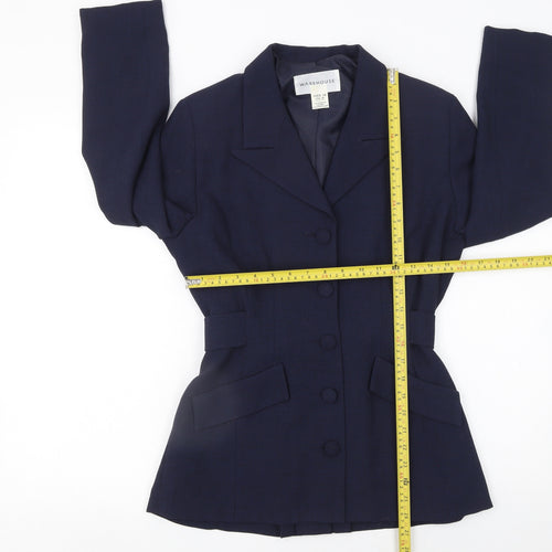Warehouse Women Navy Wool Blend Belted Blazer UK 10