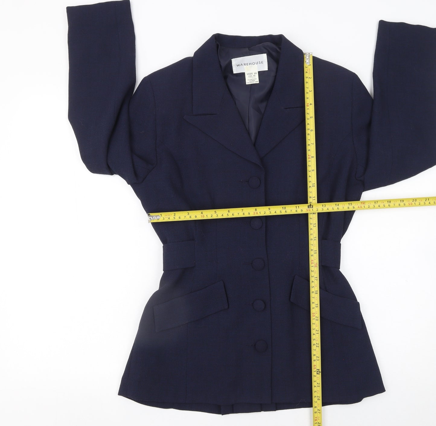 Warehouse Women Navy Wool Blend Belted Blazer UK 10