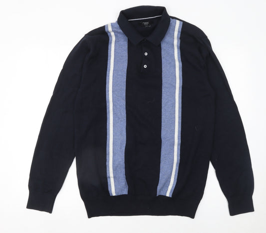 Next Men's Blue Striped Long Sleeve Cotton Polo Shirt Size L