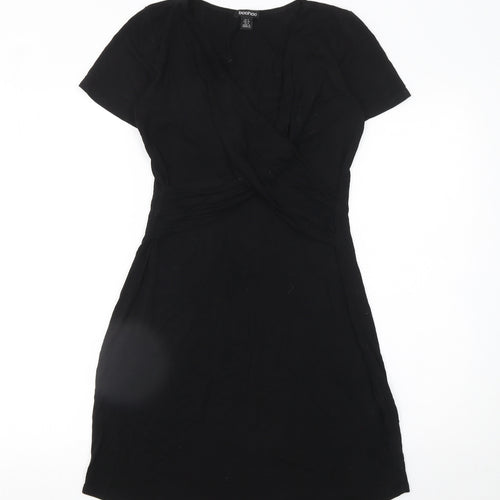 Boohoo Women Black Size 8 Wrap Dress Short Sleeve V-Neck