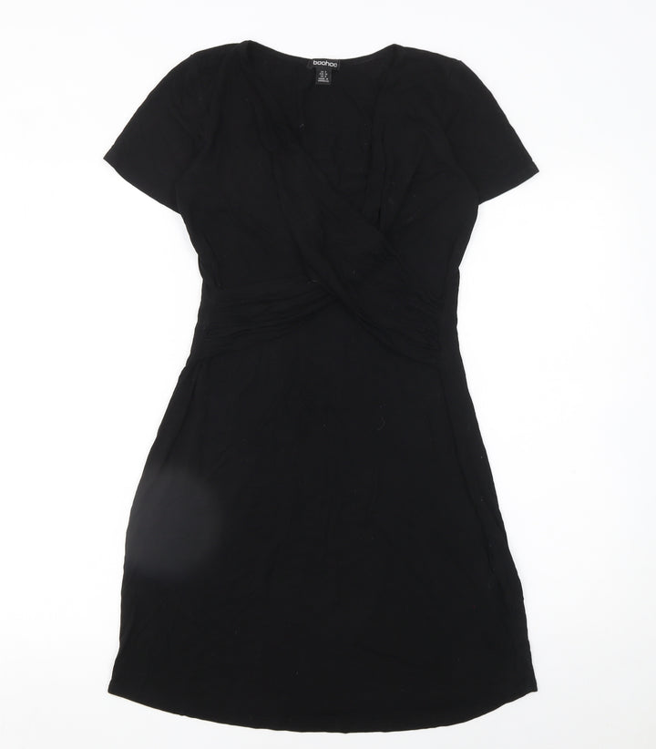 Boohoo Women Black Size 8 Wrap Dress Short Sleeve V-Neck