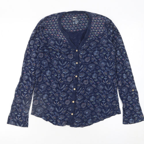 Mantaray Women Blue Floral Cotton Button-Up Tunic Top Size 10