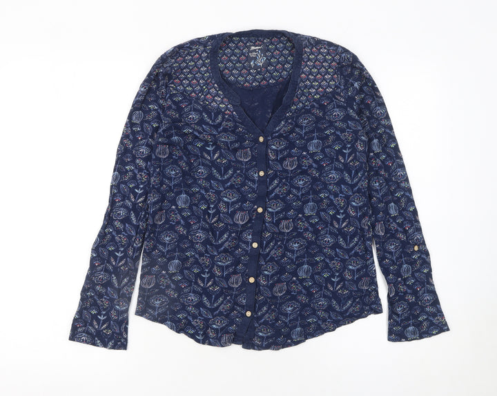 Mantaray Women Blue Floral Cotton Button-Up Tunic Top Size 10